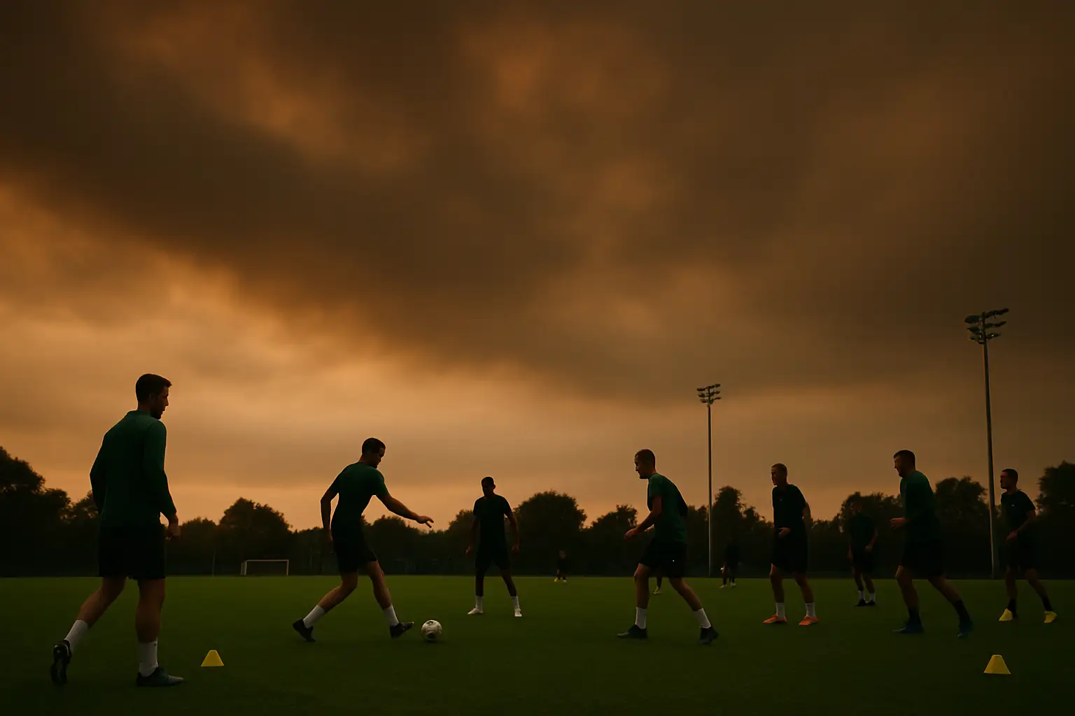 Football players training on an outdoor pitch under a hazy, smoke-filled orange sky