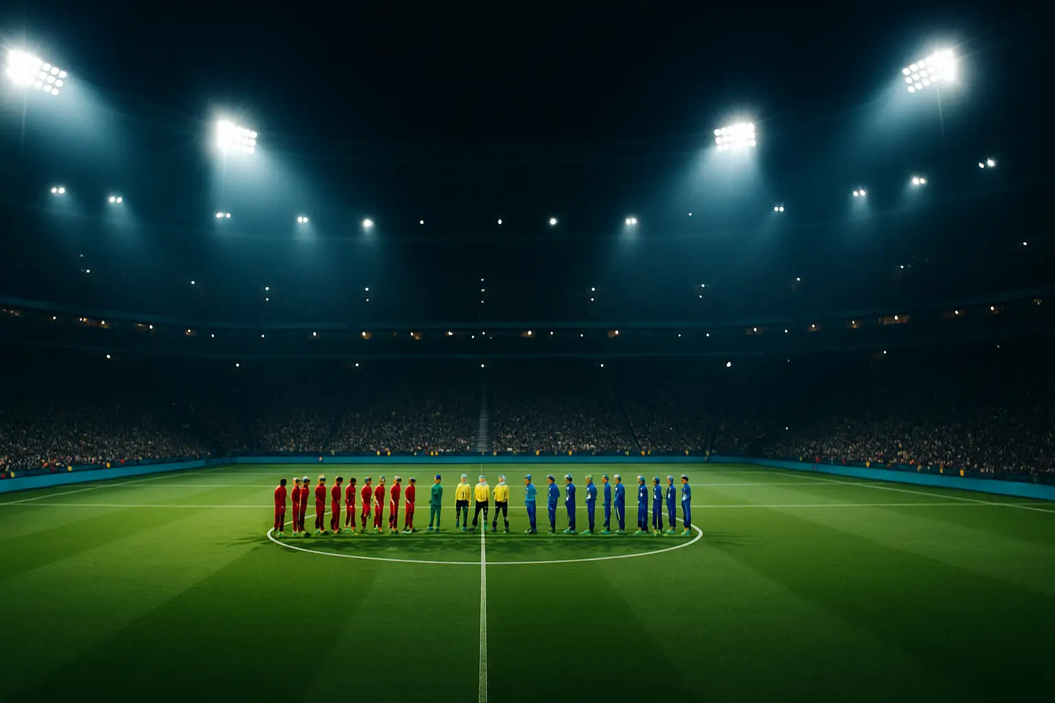 Spain and France players facing off on a football pitch under floodlights during a major tournament