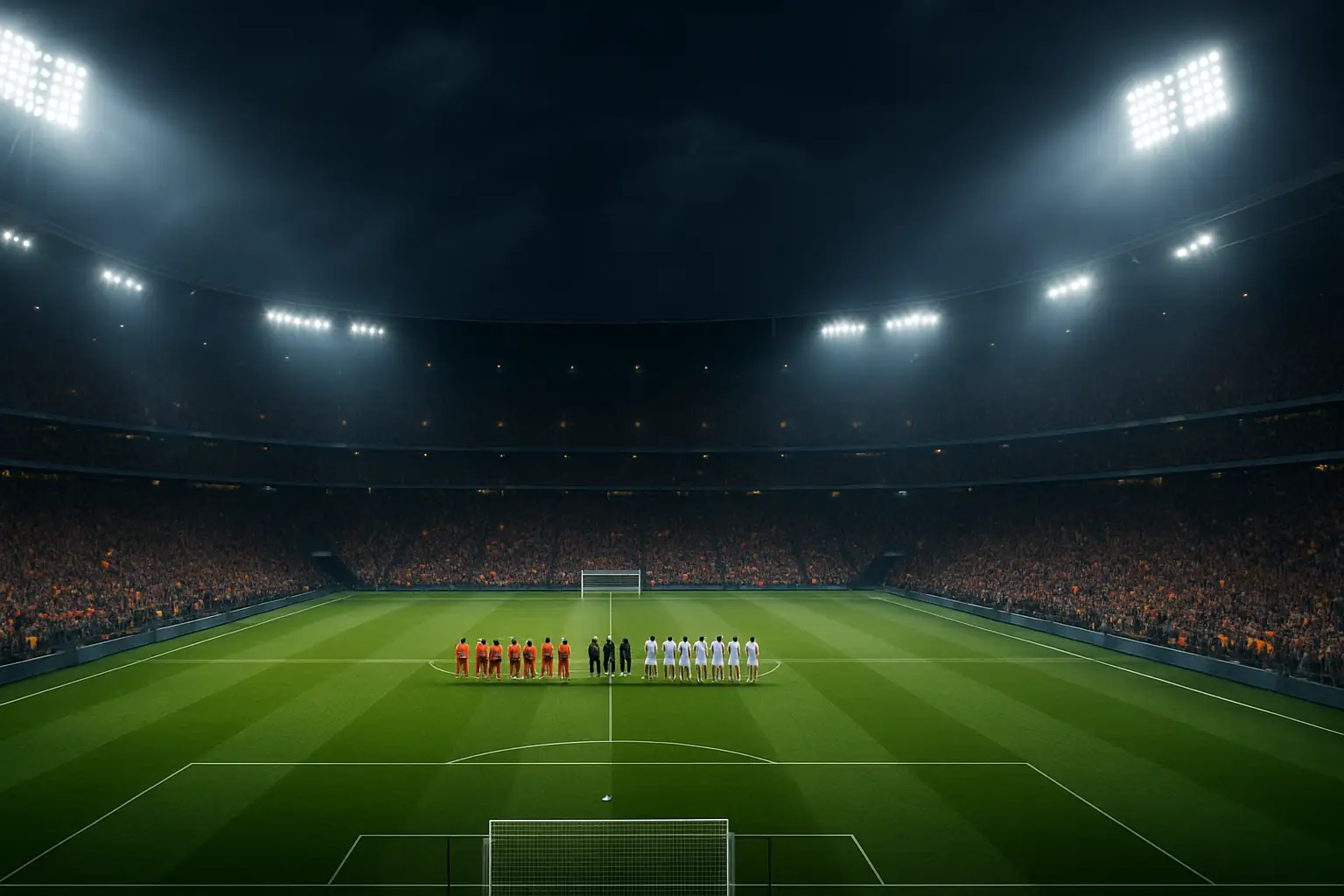 Football players from two national teams facing off on a floodlit stadium pitch during a major final