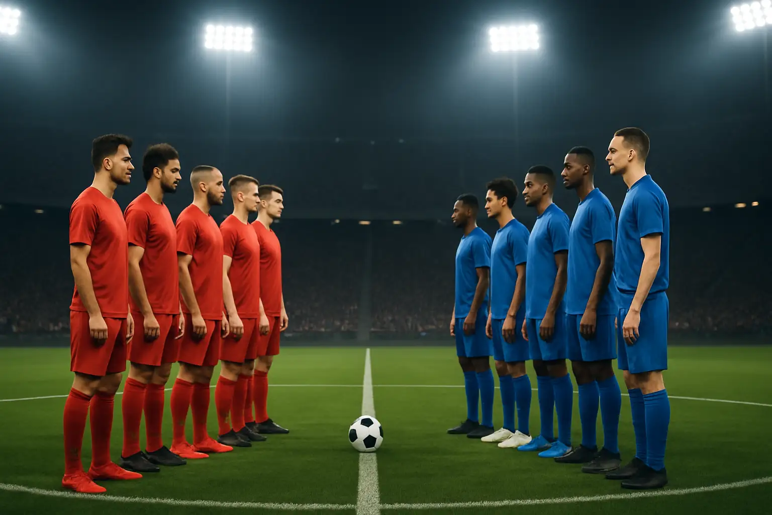 Football players from two rival international teams facing off on a pitch under stadium lights