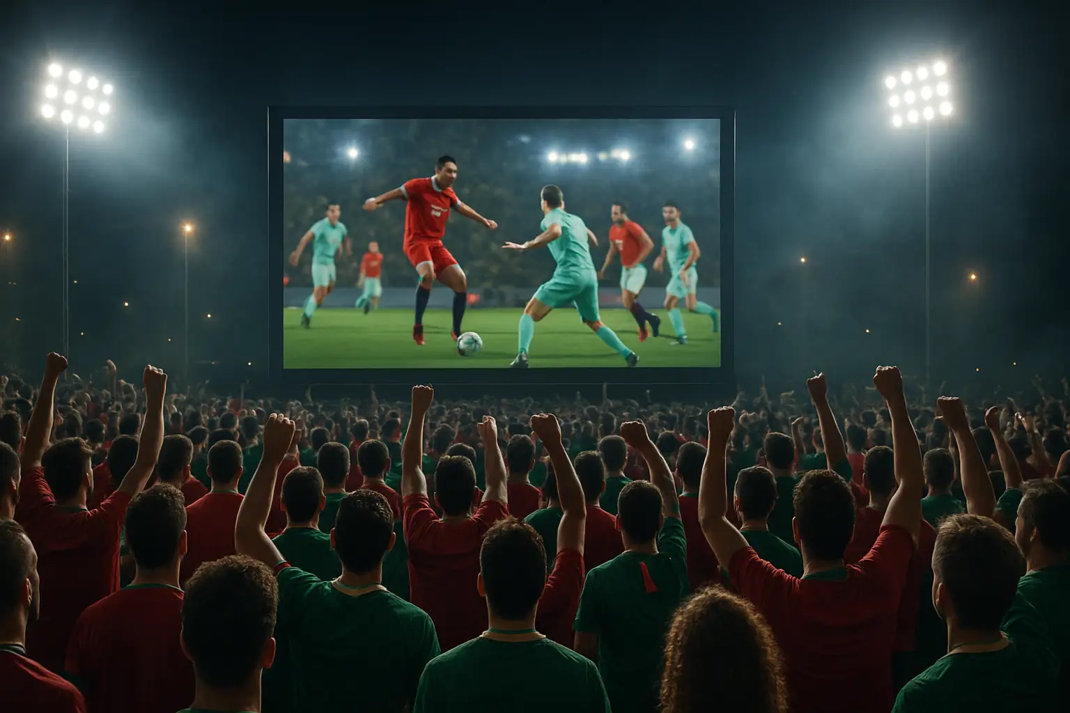 Football fans watching a Spain vs Portugal World Cup match on a large screen