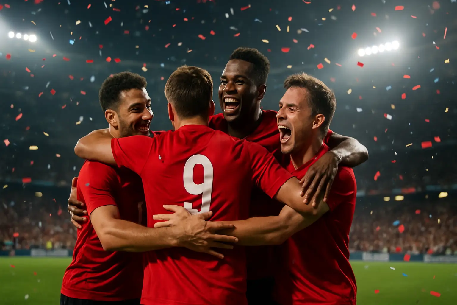 Spanish footballers celebrating a World Cup final victory on the pitch at night