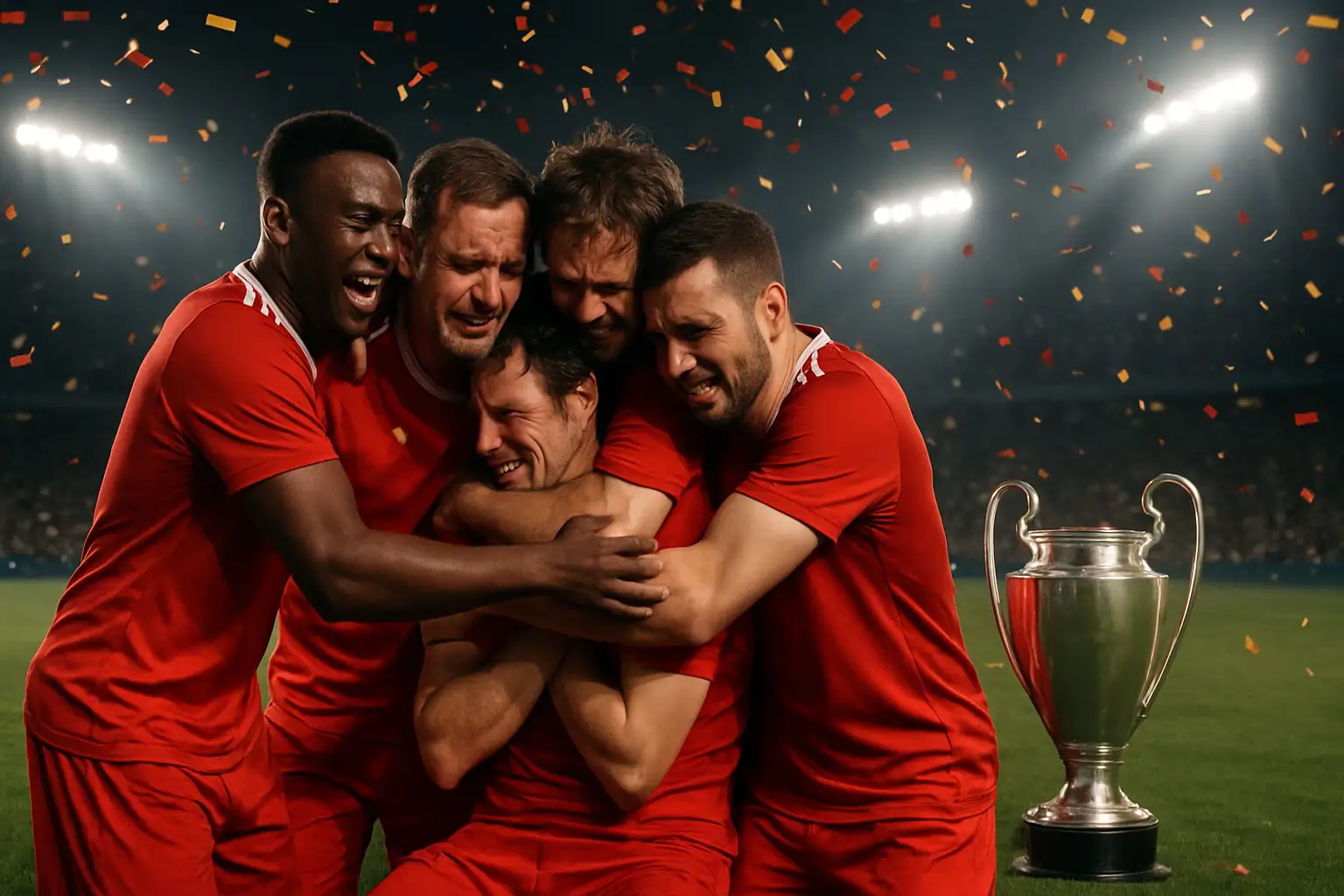 Spain football players celebrating a World Cup victory on the pitch with emotional reactions