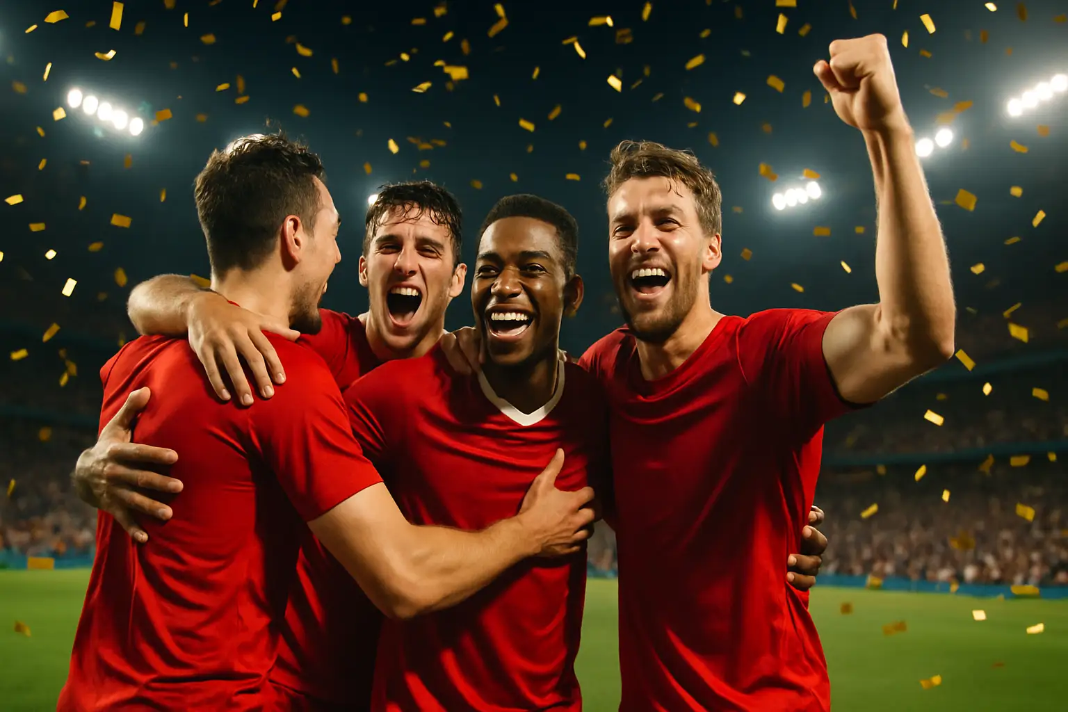 Spain players celebrating winning the World Cup on the pitch at night under stadium floodlights