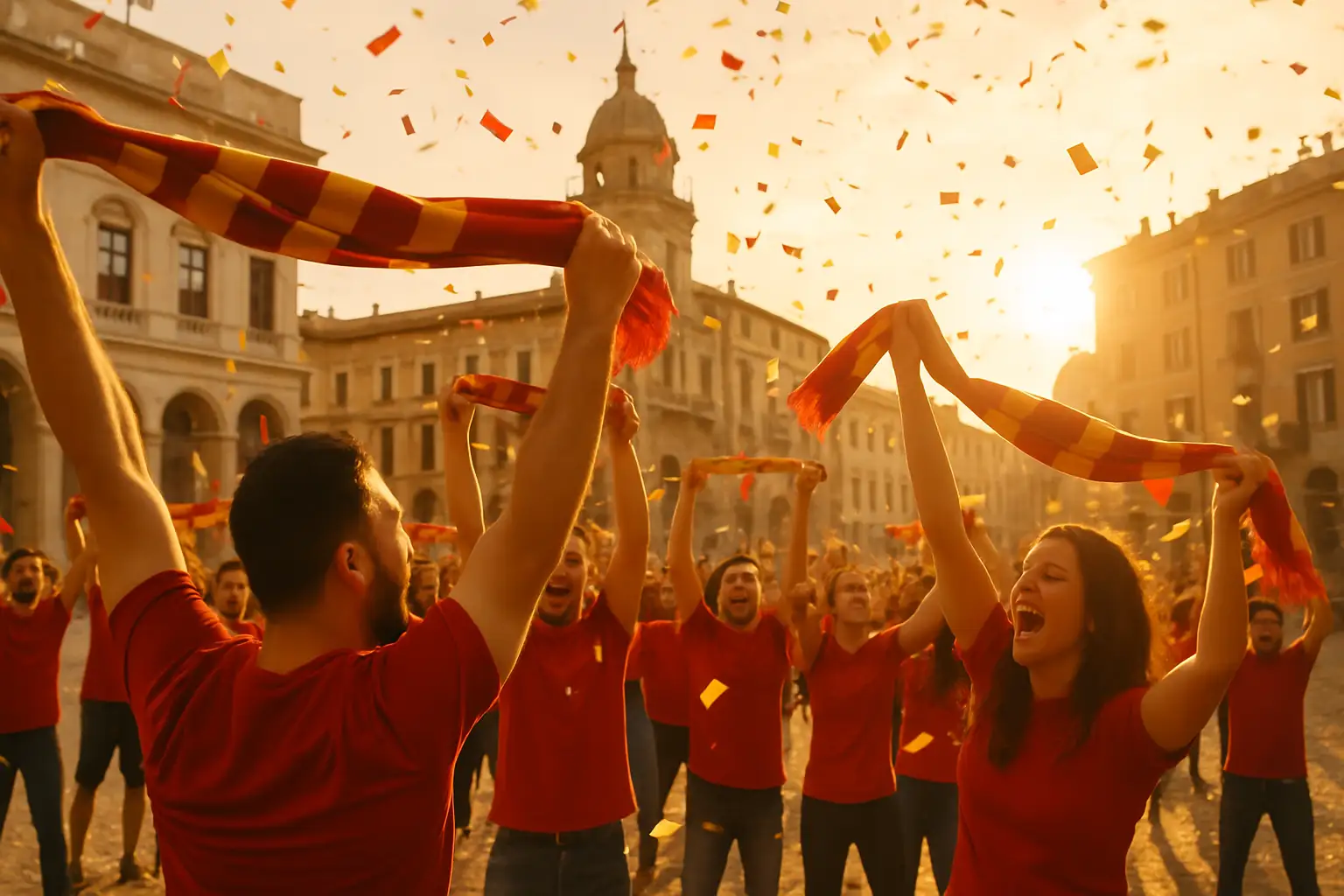 Spanish football fans celebrating a World Cup victory in a city square