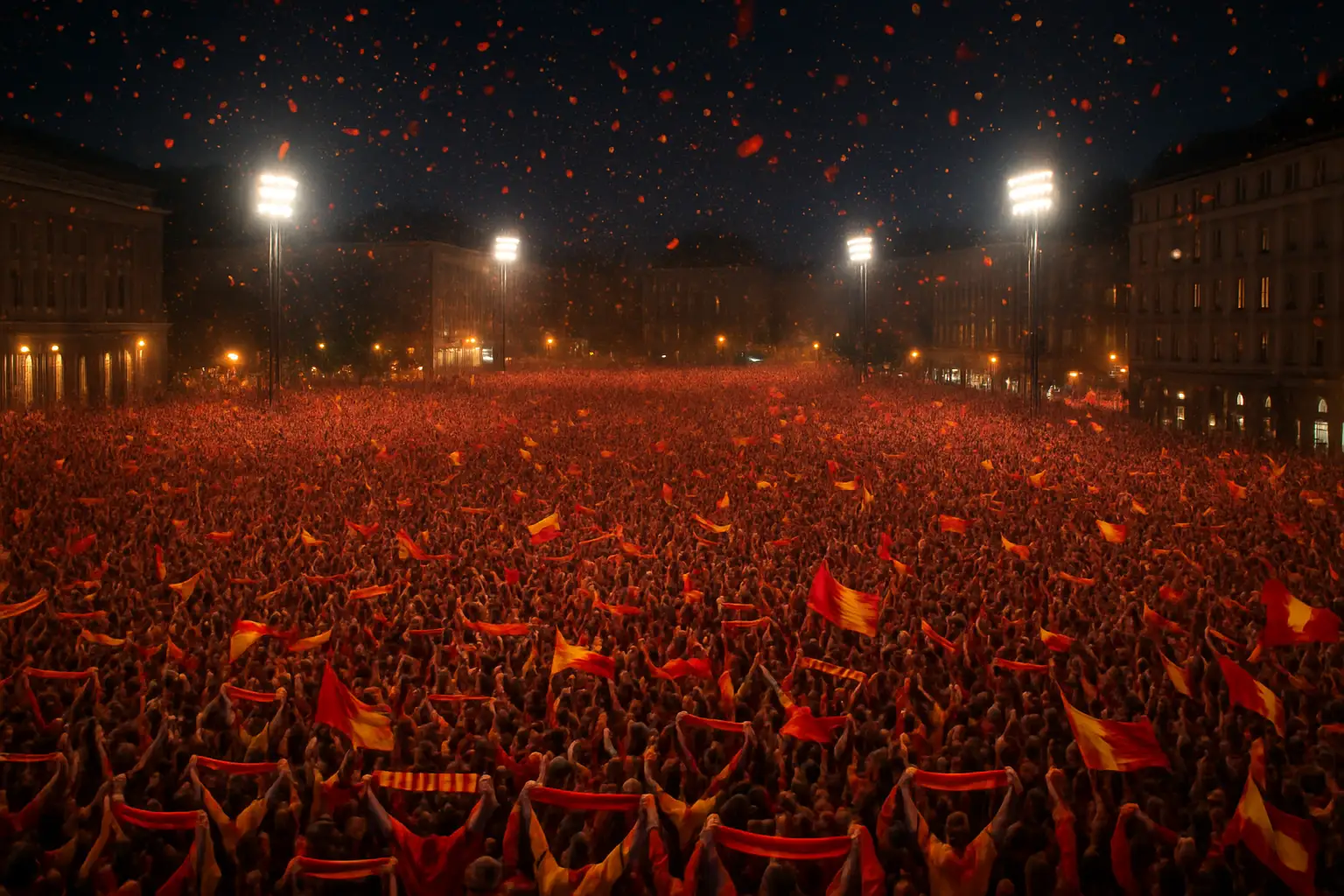 A massive crowd celebrating in a city square with red and yellow colors waving in the air