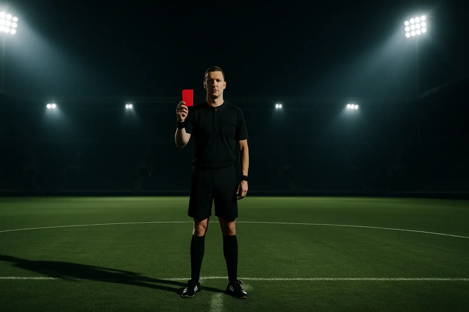 Football referee holding a red card on a stadium pitch under bright floodlights