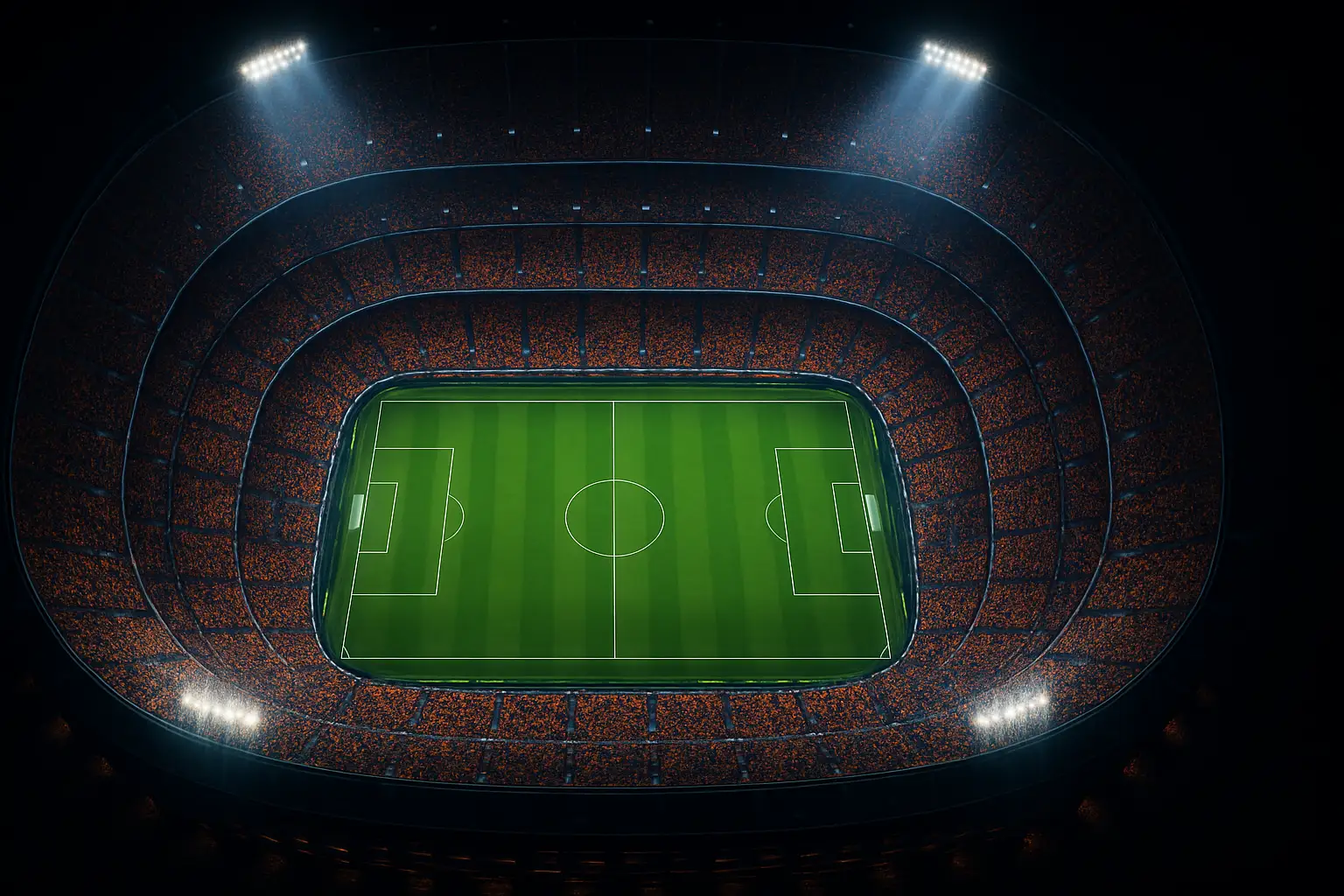 Packed stadium glowing with lights during a major international soccer final at night