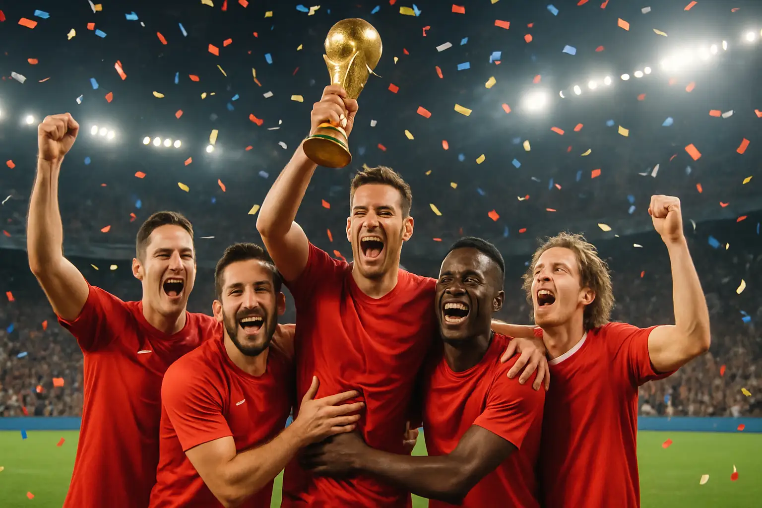 Spanish football players celebrating a World Cup championship victory on the pitch
