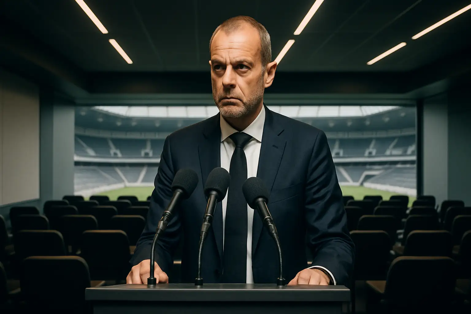 A football official speaking at a podium inside a large stadium press conference room