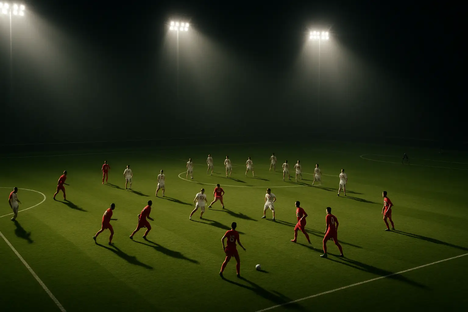 A football team in blue defending deep in their half while opponents control the ball in midfield under floodlights