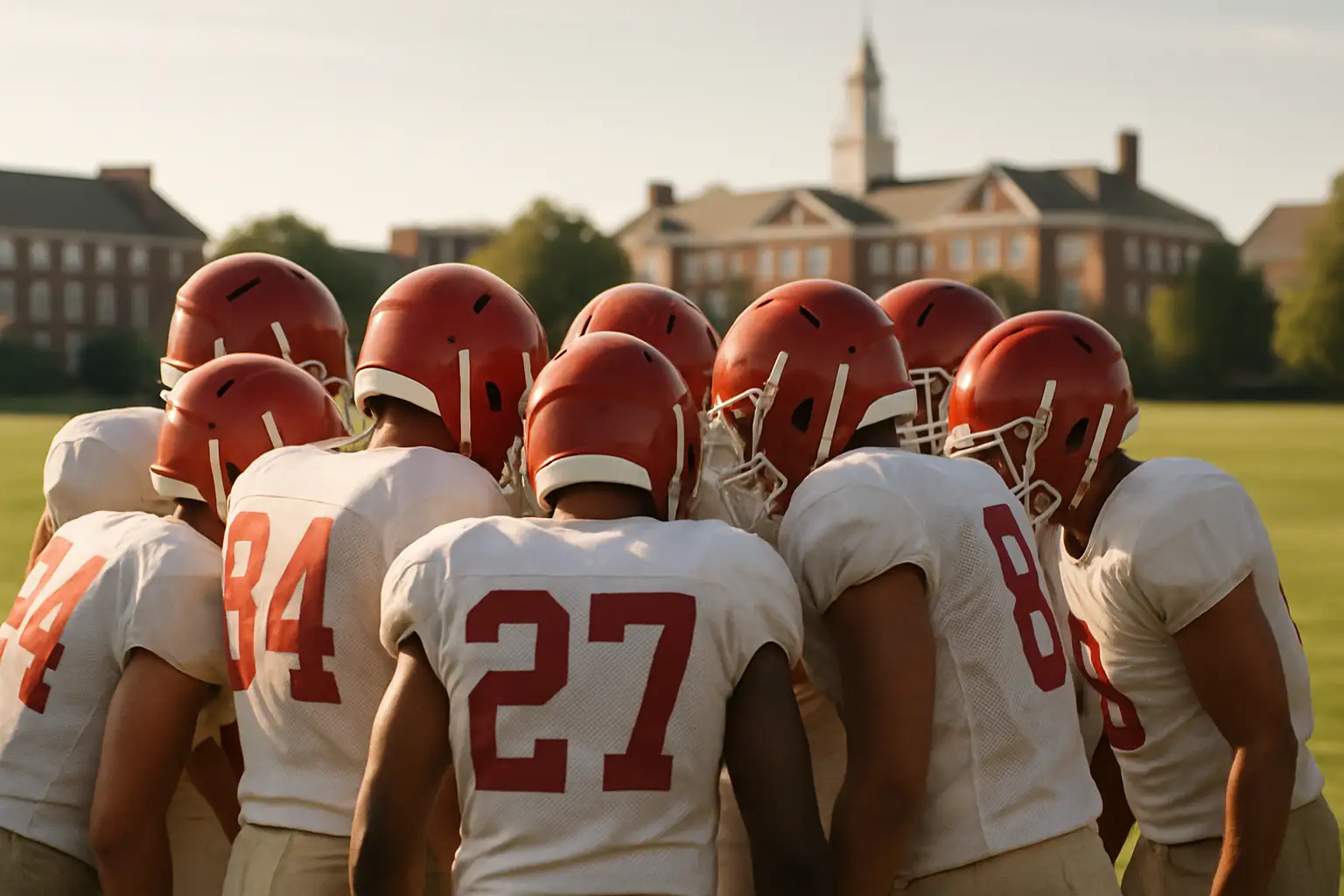 Stanford football players gathering on a practice field in a team huddle