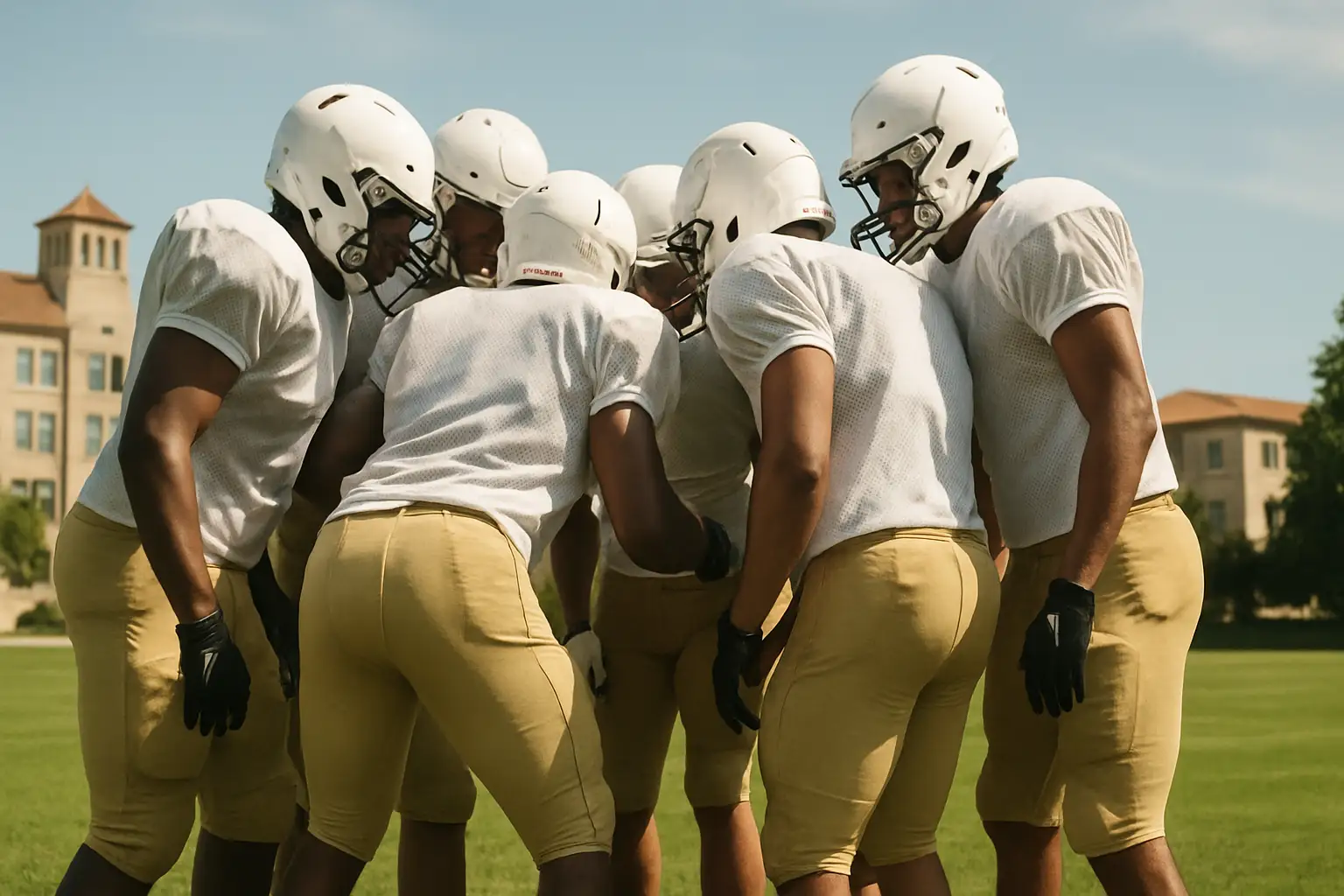 Stanford football players gathered in a circle on a practice field, appearing to discuss team matters