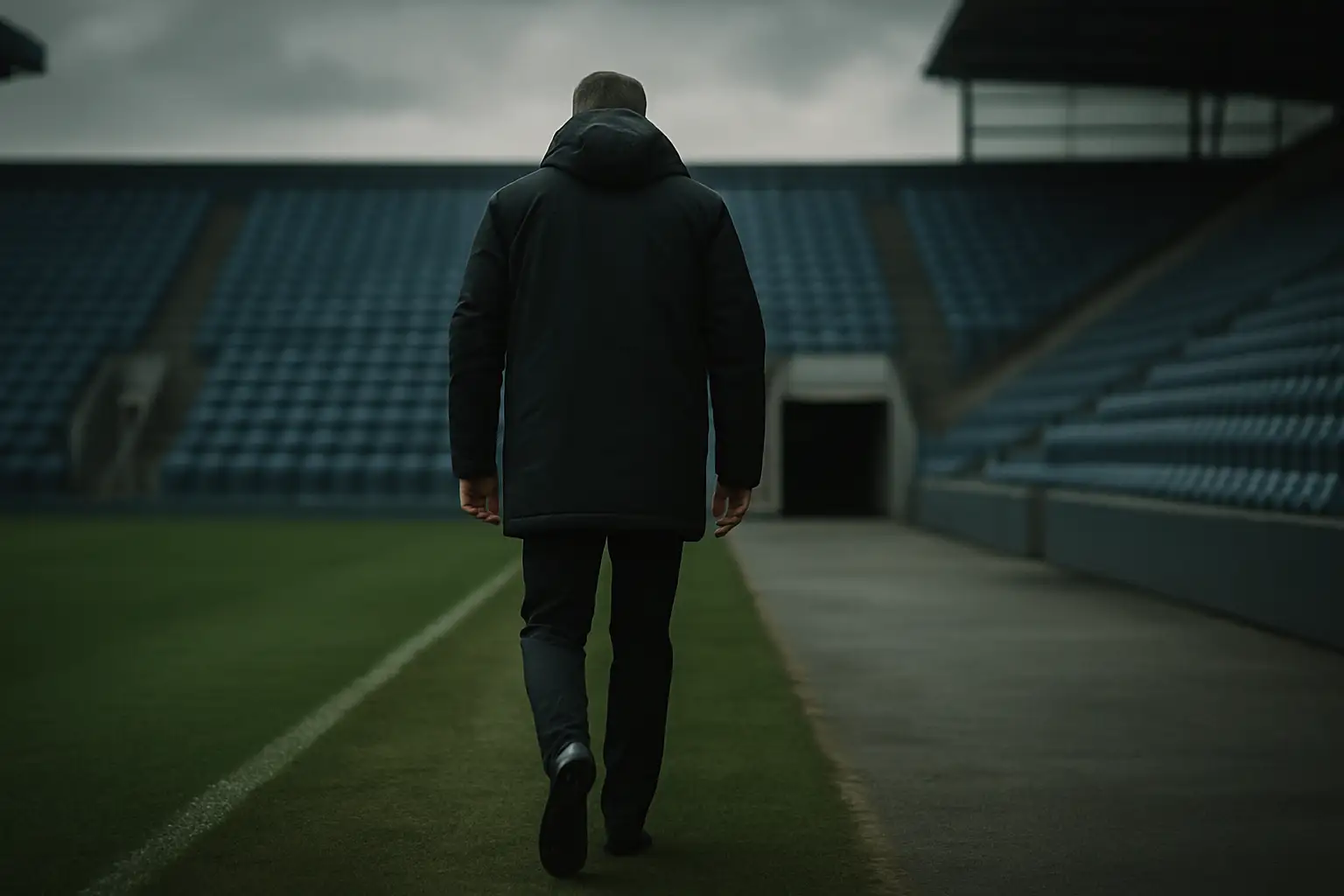 A football manager walking away from a stadium pitch toward the tunnel after a match