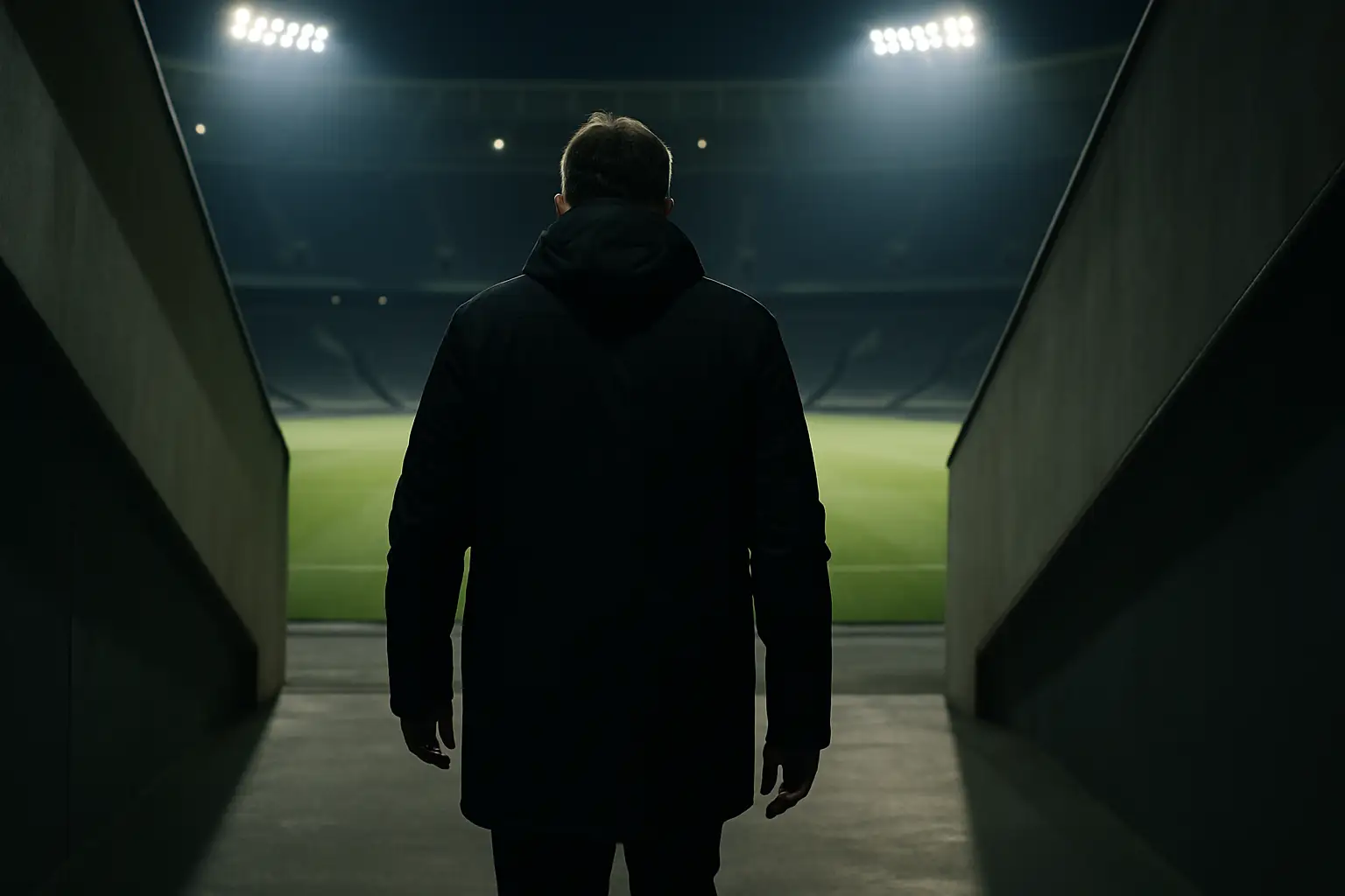 A football coach walking away from a stadium pitch after a match