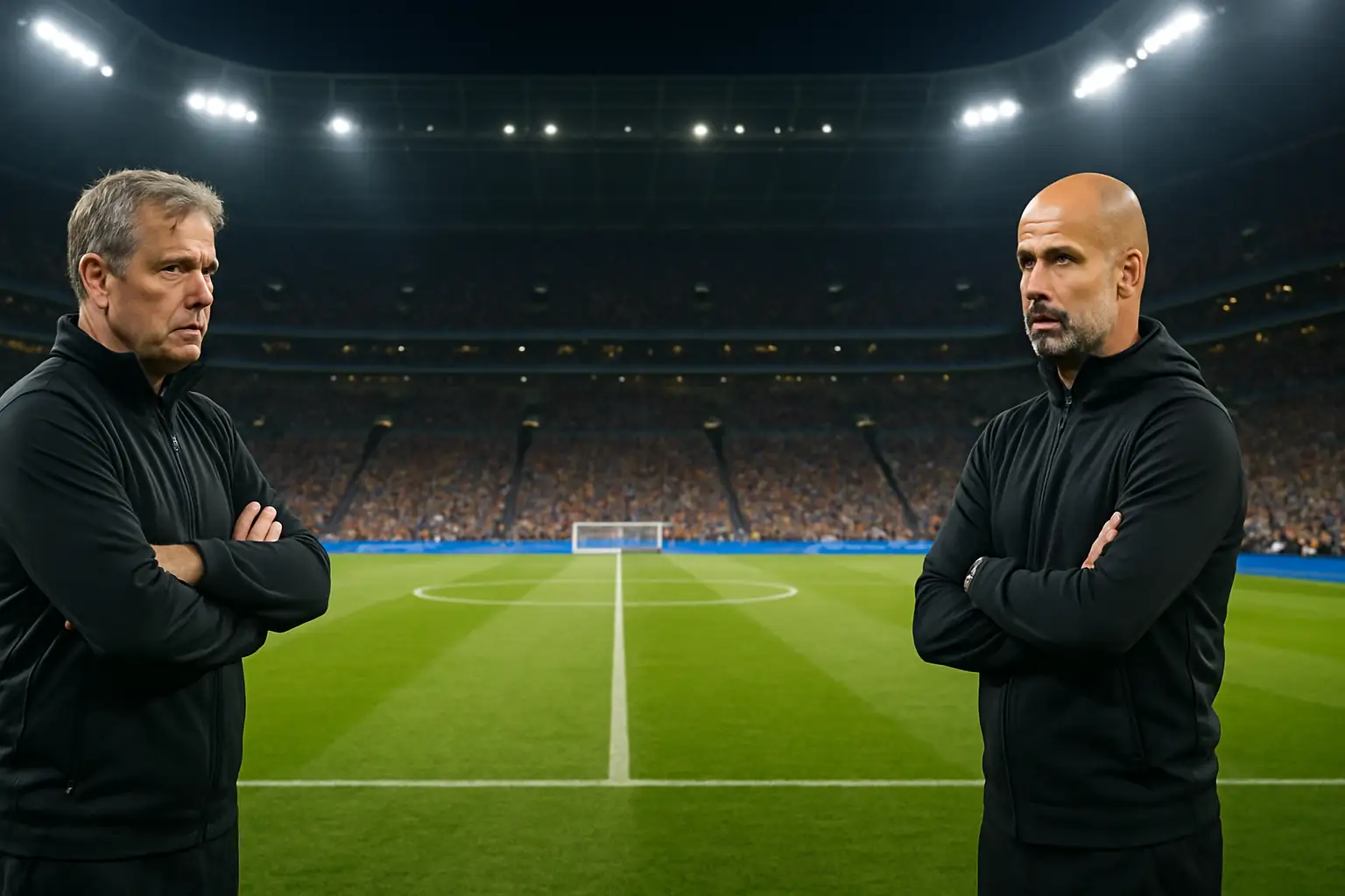 Two football coaches standing on opposite touchlines of a packed stadium during a major international final