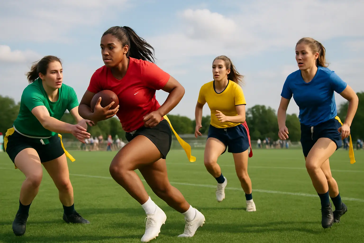 Women's flag football players competing on a grass field during a regional tournament