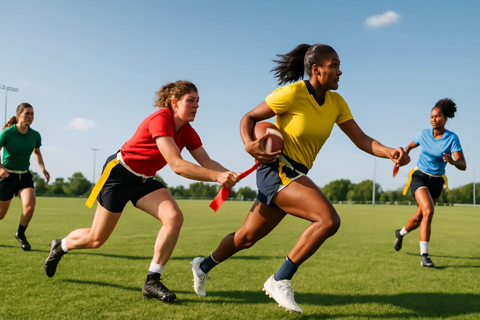 Women athletes competing in a flag football game on a green field under clear skies