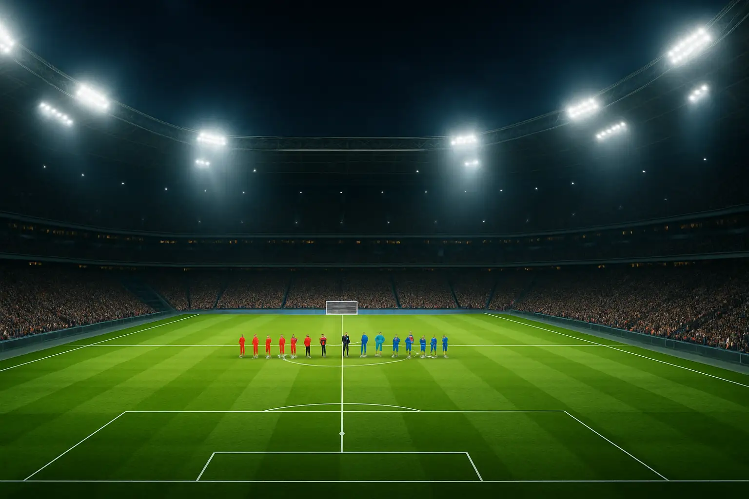 Two football teams facing off on a World Cup stadium pitch under bright floodlights