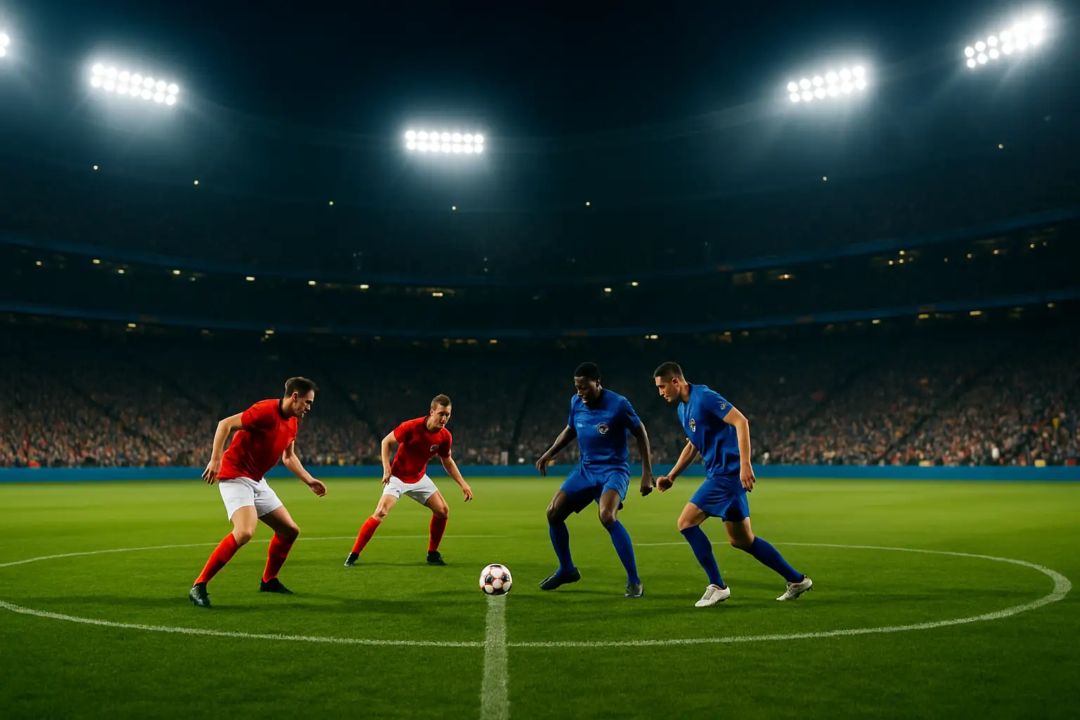 Football players from two national teams competing in a World Cup knockout match on a floodlit stadium pitch
