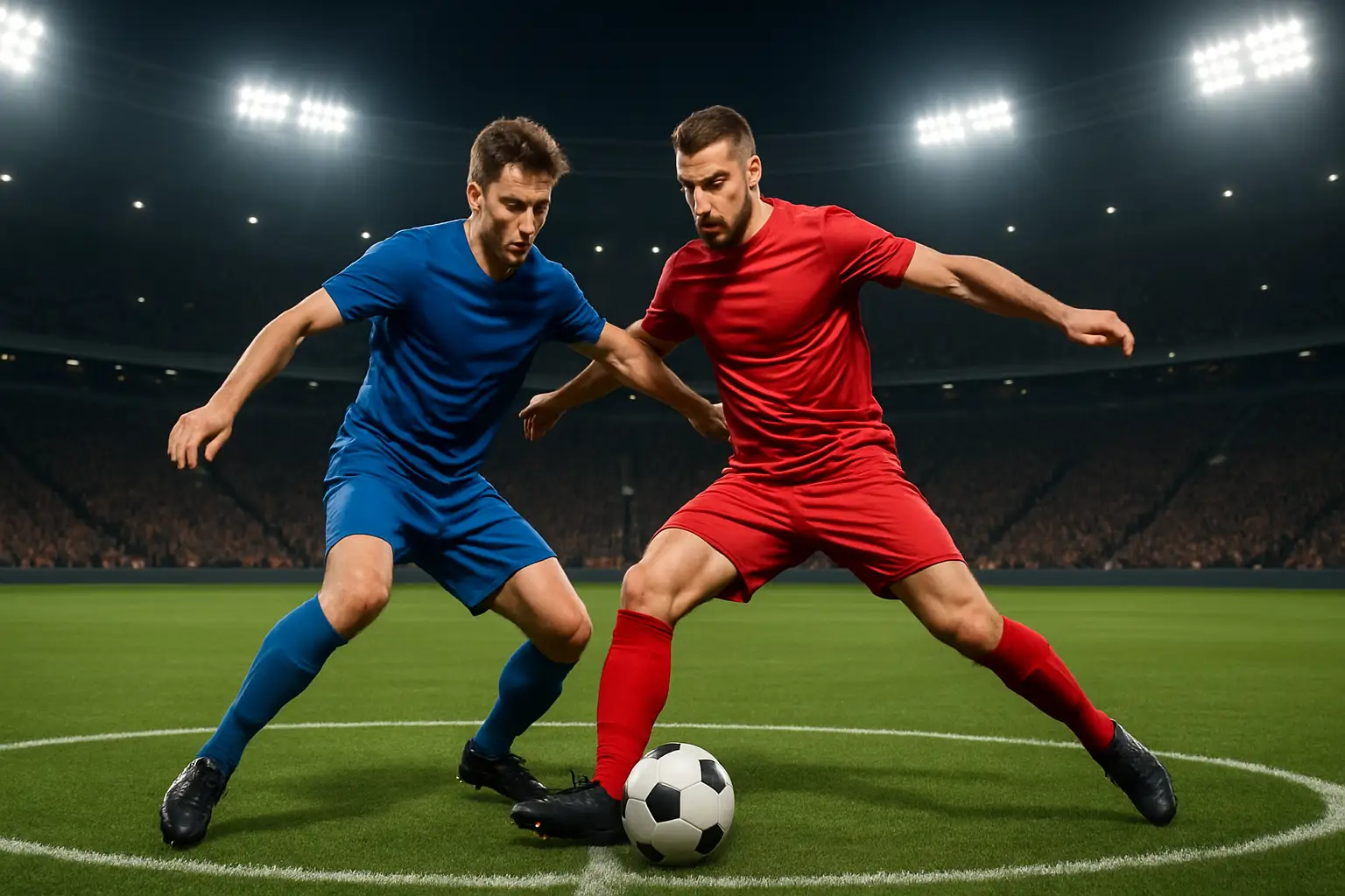 Football players from two national teams competing on a pitch under floodlights before a major playoff tournament