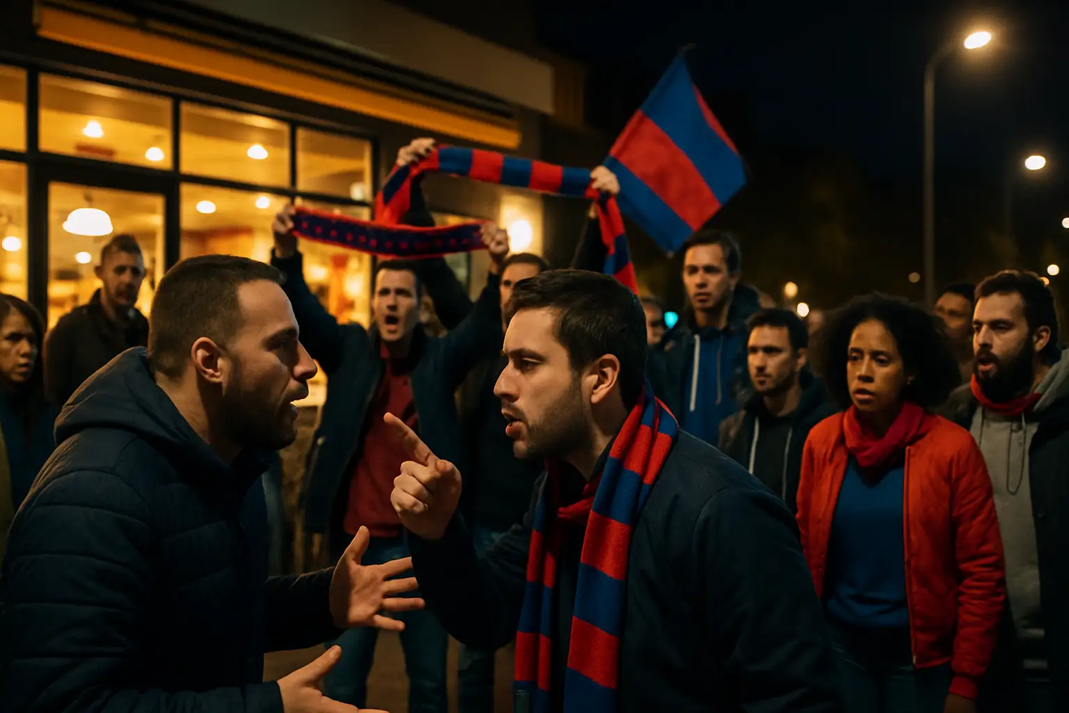 Crowd celebrating outside a restaurant at night during World Cup festivities