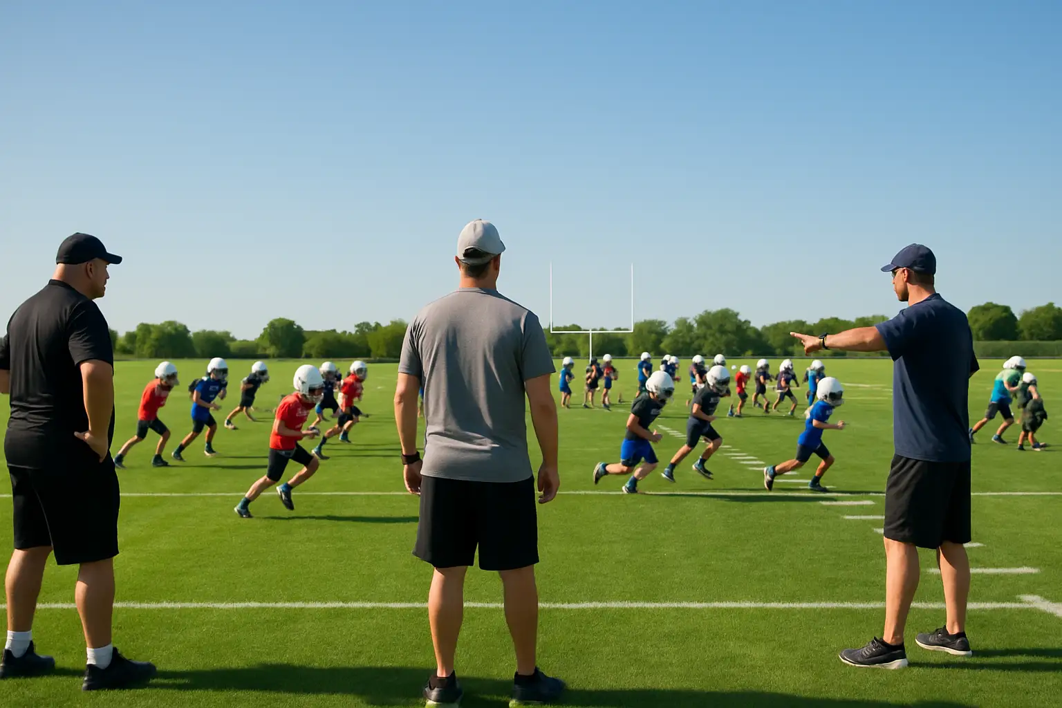 Young football players practicing drills on a green field at a youth football camp