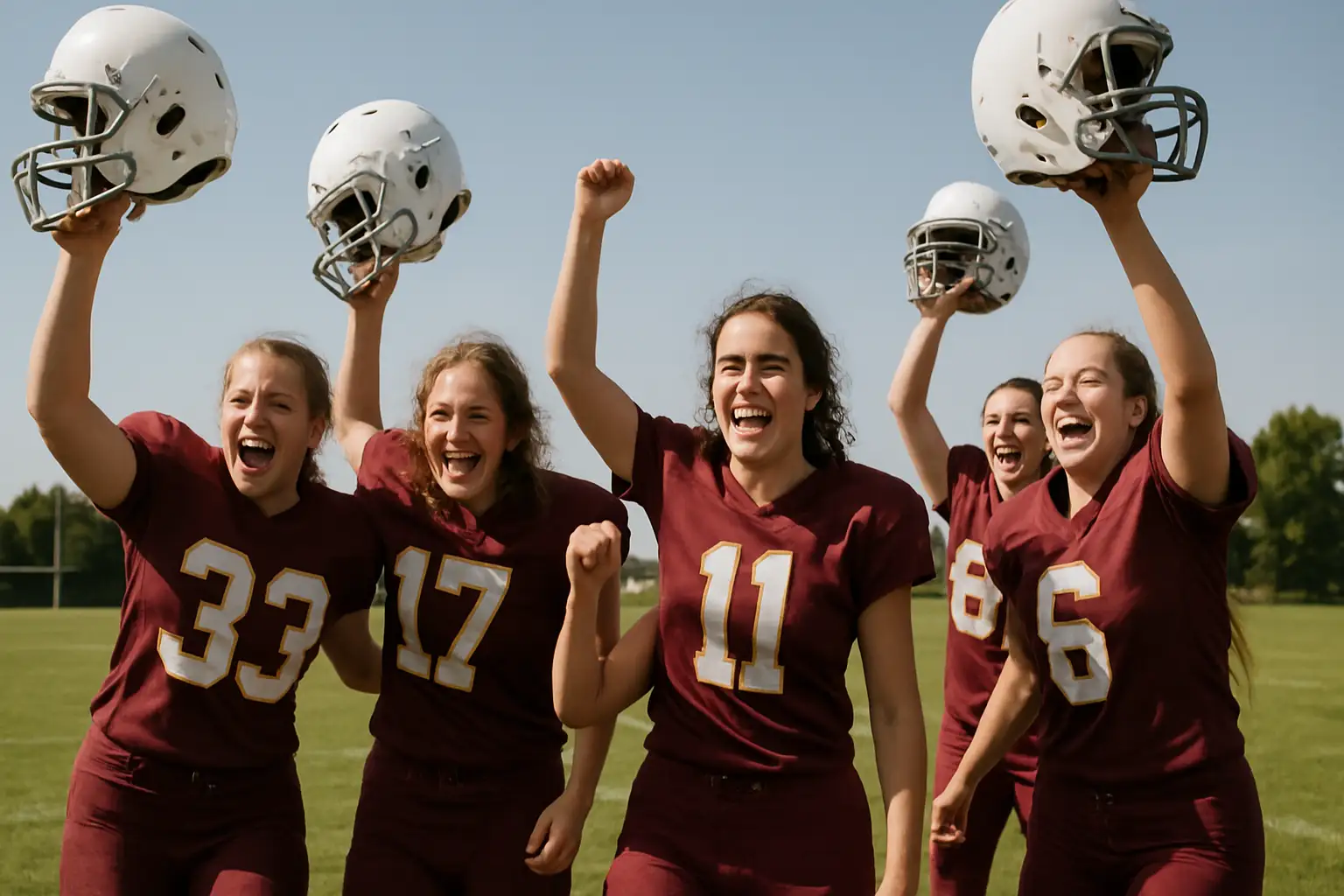 Women's football players in provincial uniforms celebrating a national championship win on the field
