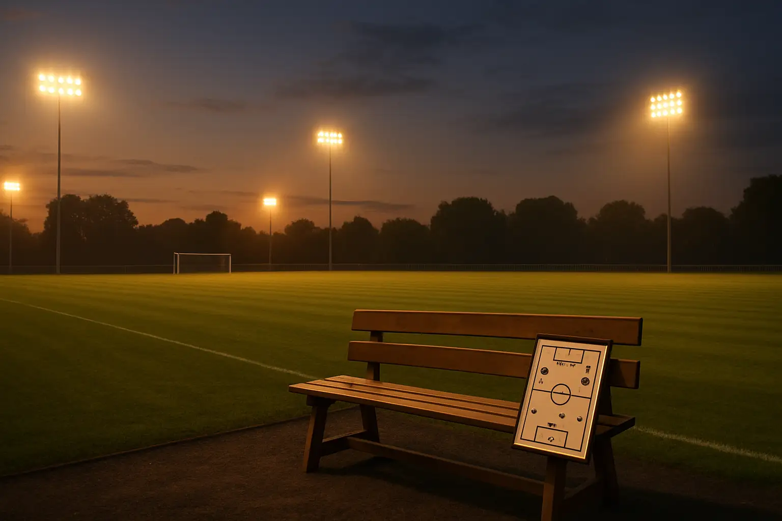A football pitch at dusk with stadium lights glowing and an empty coach's bench in the foreground