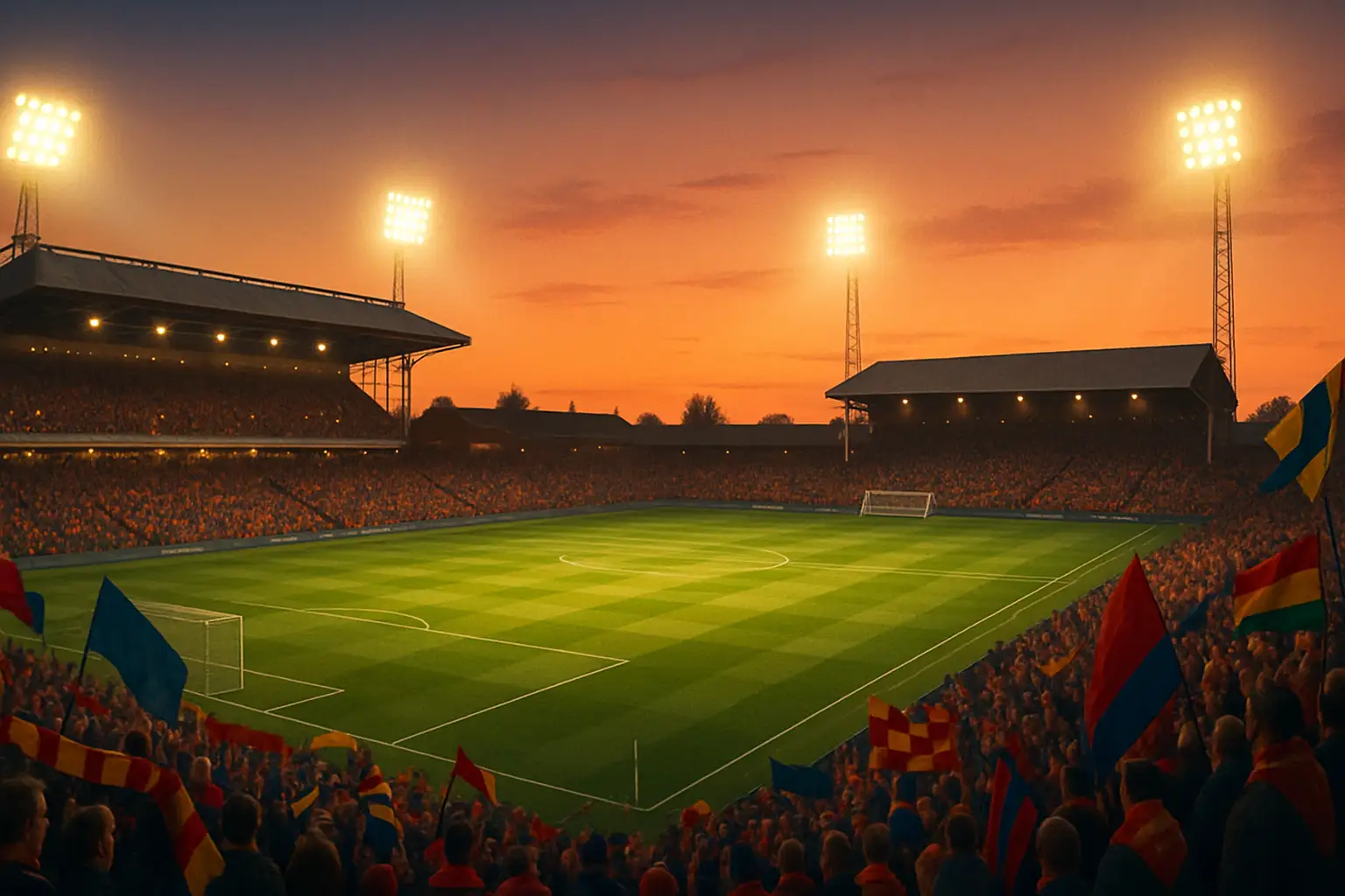 A soccer stadium glowing under floodlights at dusk with fans filling the stands