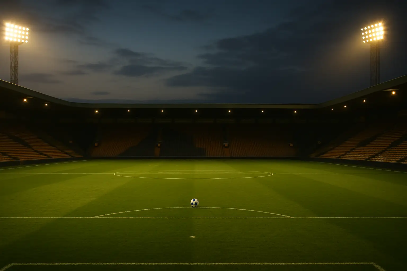 A football stadium at dusk with empty seats bathed in warm floodlight glow, evoking anticipation before a big match