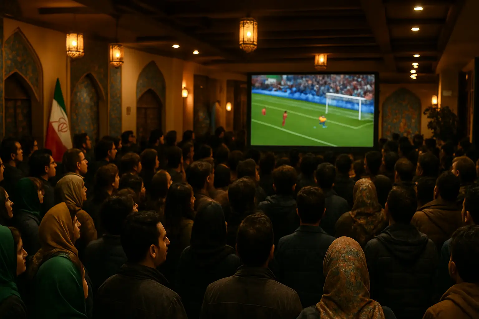 Football fans in Tehran watching a FIFA World Cup match on a large screen