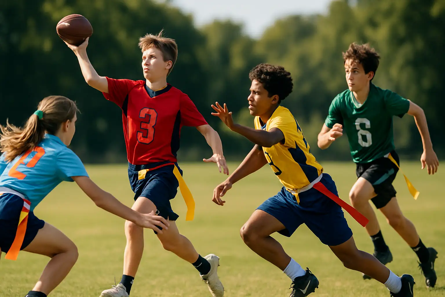 Flag football players running a play on a well-maintained grass field under bright blue skies