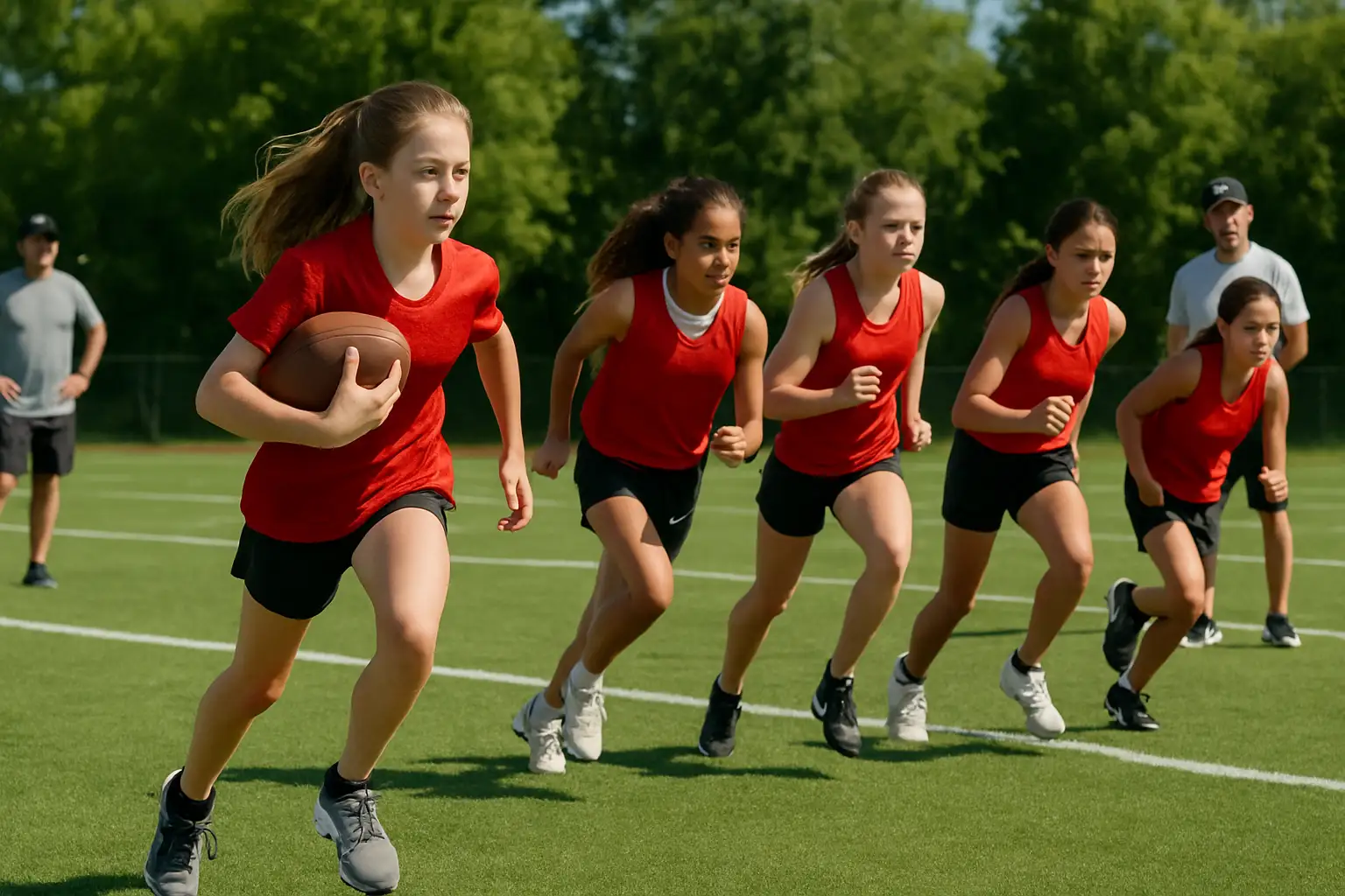 Young girls participating in a flag football camp on an NFL practice field