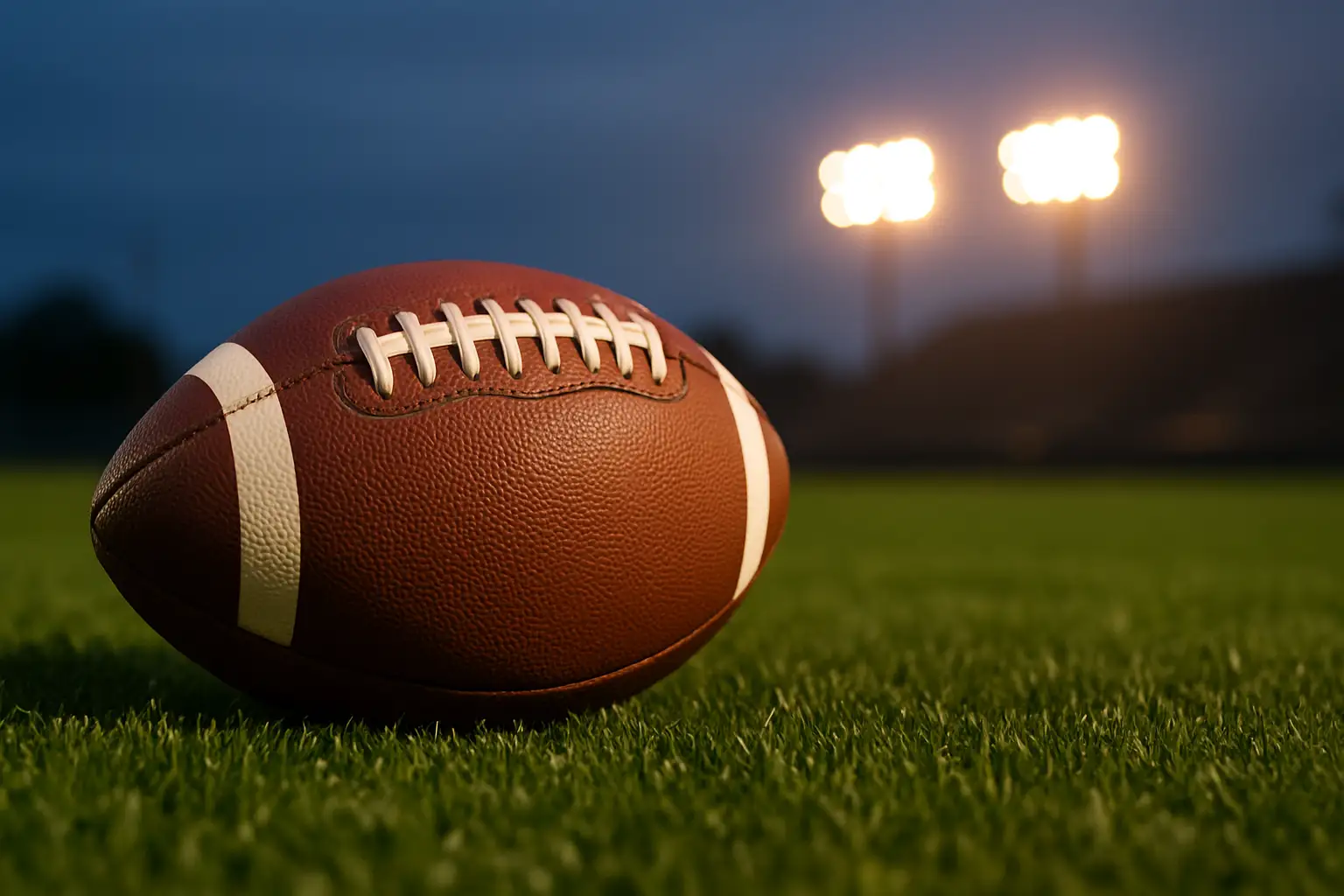 A football on a grass field with stadium lights glowing in the background