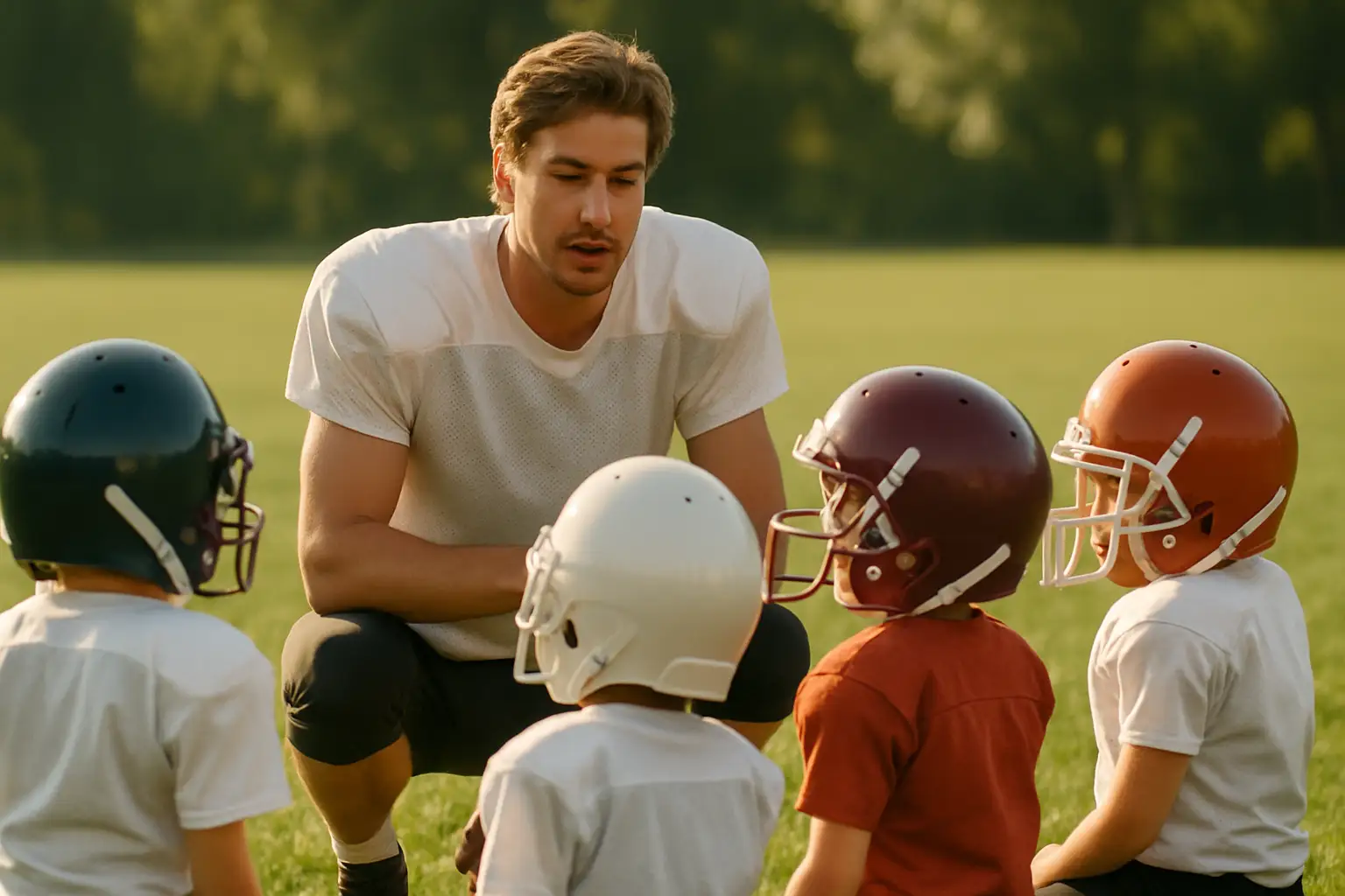 A college football player in pads coaching young kids on a practice field on a sunny day