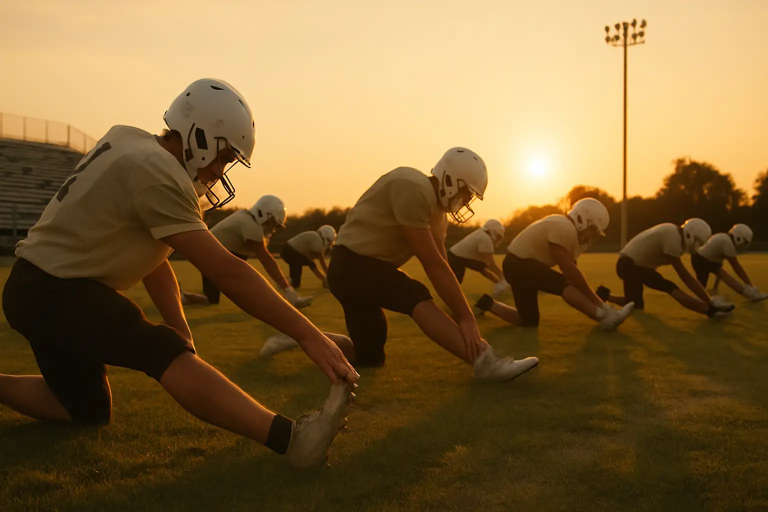 Football players in helmets and pads preparing for practice on a small-town field at dusk
