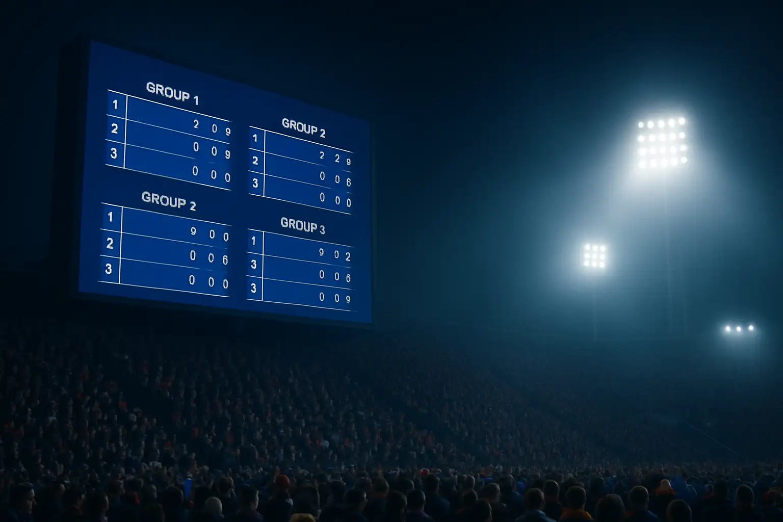 A live tournament group stage standings board showing third-placed teams competing for knockout qualification