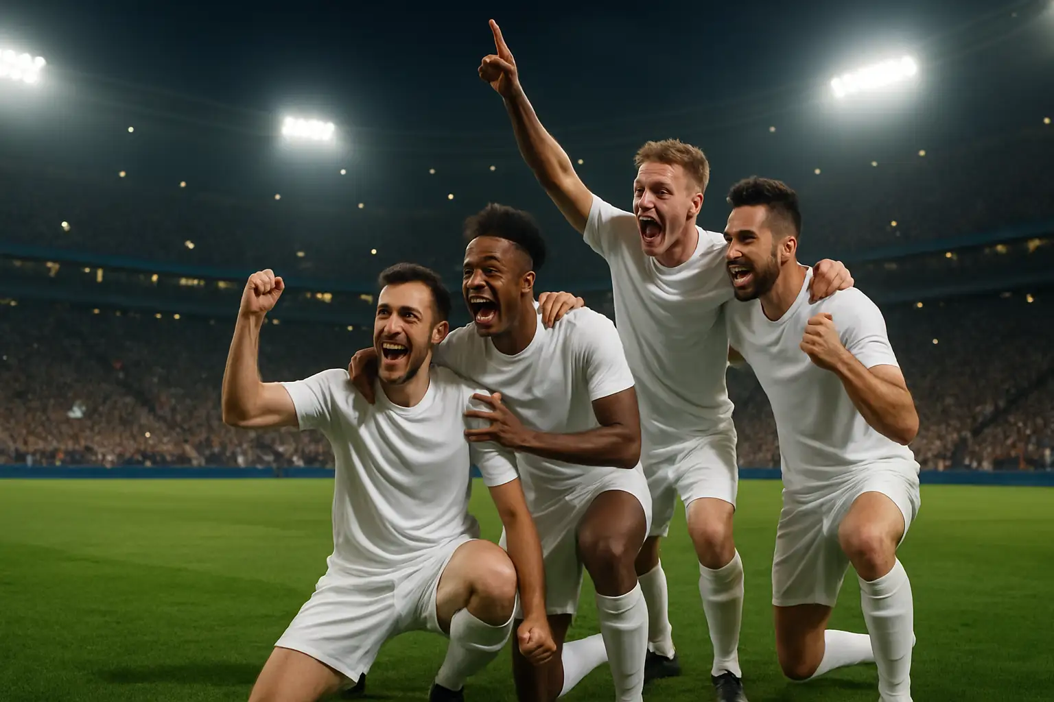 England football players celebrating on a World Cup pitch with fans in the background