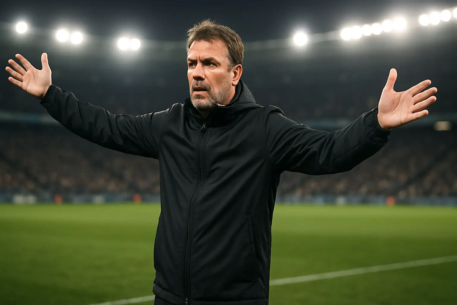 England manager Thomas Tuchel gesturing passionately on the touchline during an international match