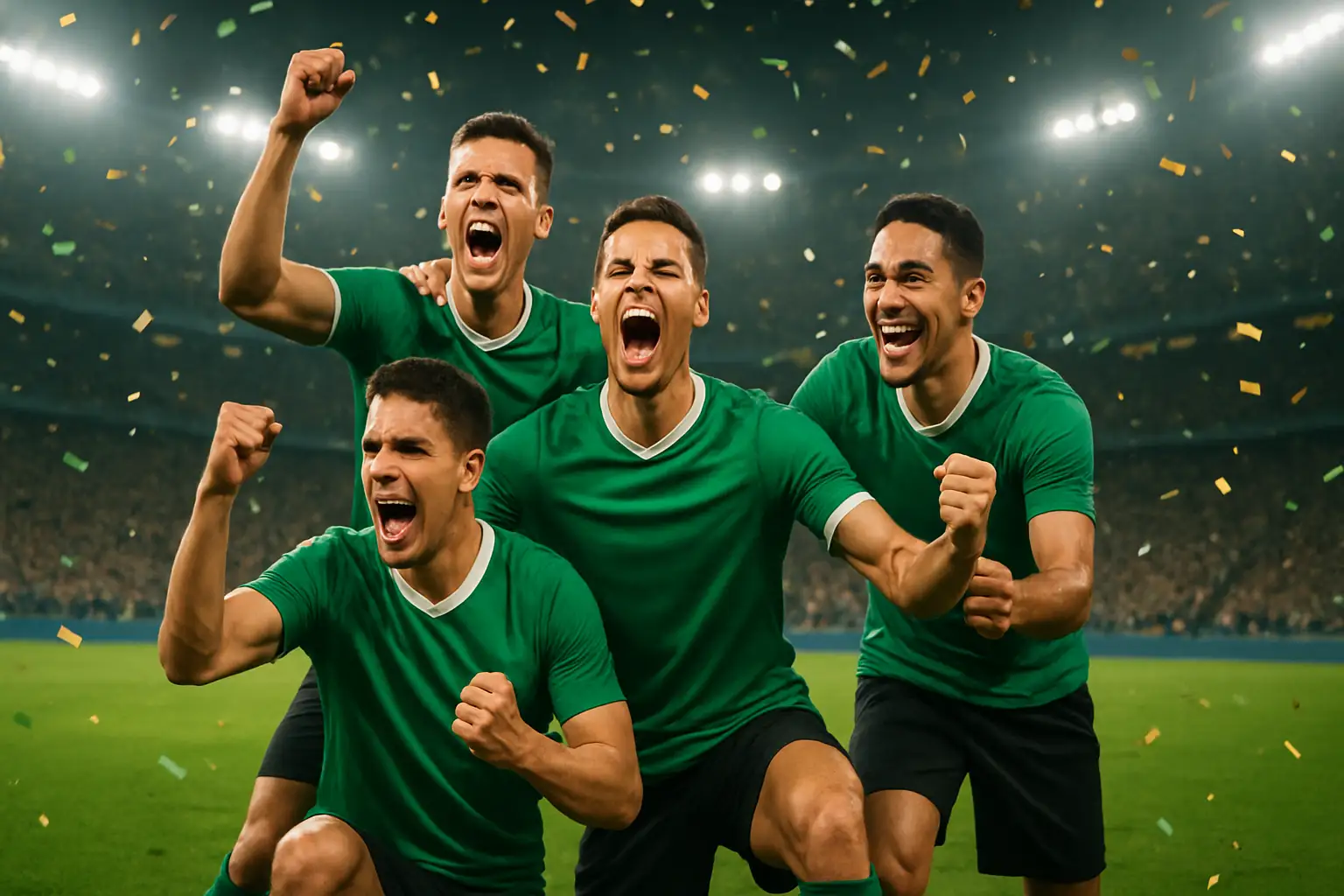 Mexican football players celebrating on the pitch during the 2026 World Cup