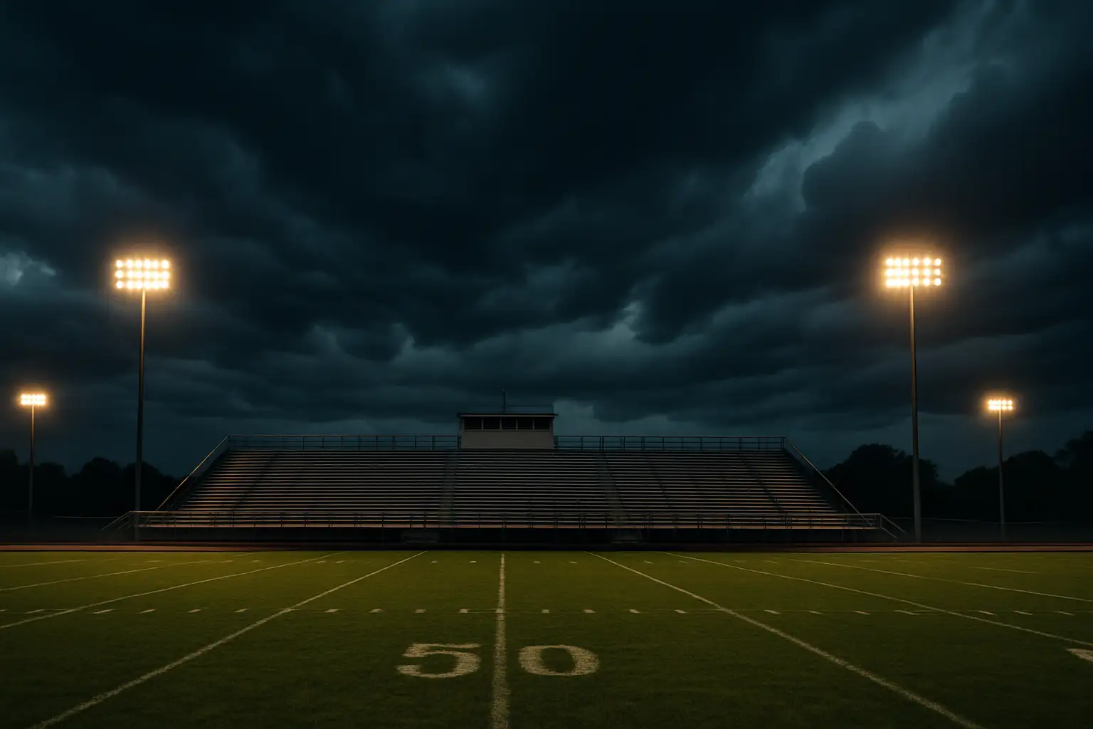Dark storm clouds forming over an empty high school football field at dusk