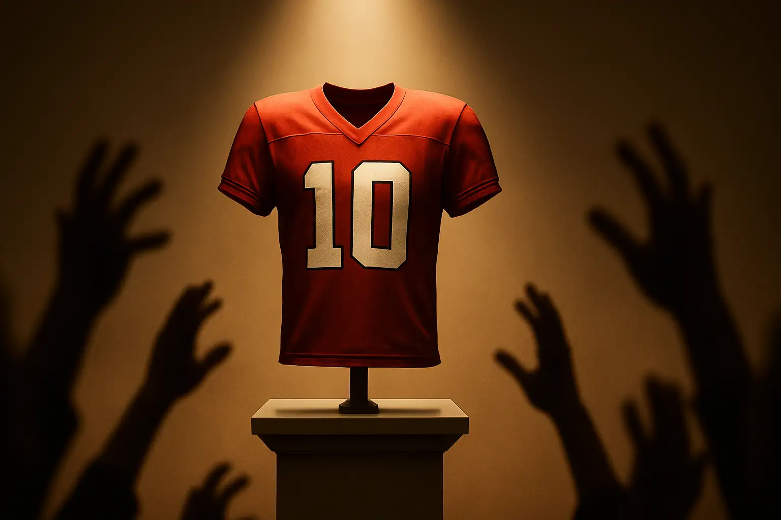 A football shirt displayed under auction lighting with a crowd of hands reaching toward it