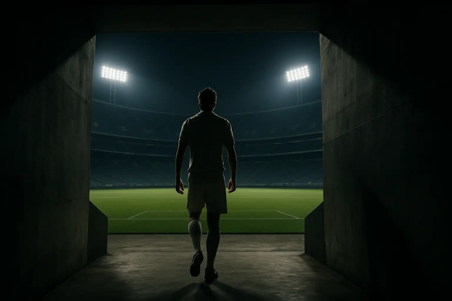 A football player walking onto a South American stadium pitch under bright floodlights