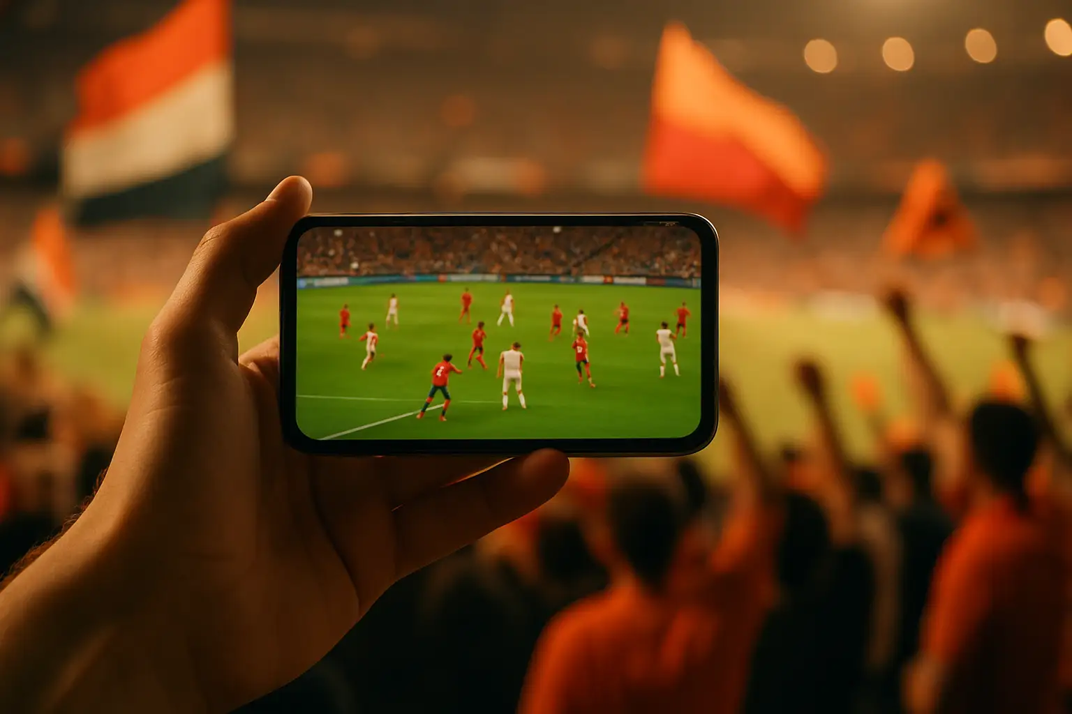 Smartphone displaying a live football match stream with a crowd of fans in the background