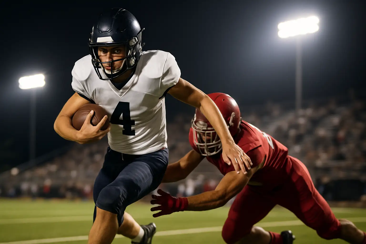 High school running back carrying football on a Texas field during a game