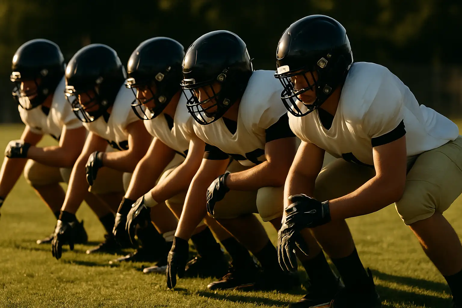 High school defensive linemen in a three-point stance preparing for the snap during a Michigan football game