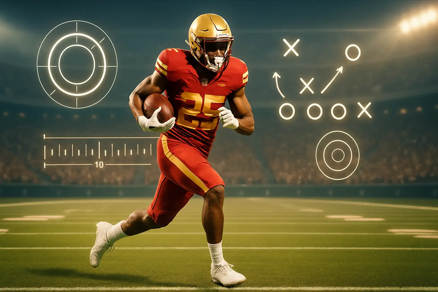 USC Trojans football players on a glowing virtual game field representing EA Sports College Football 27