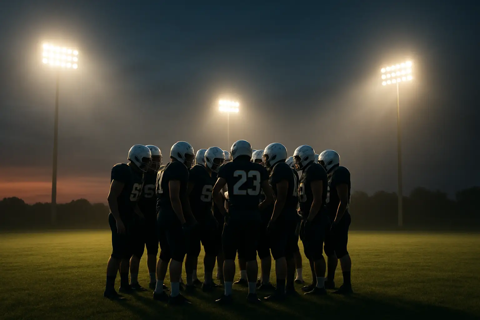 High school football players in helmets and pads preparing for a game under Friday night lights