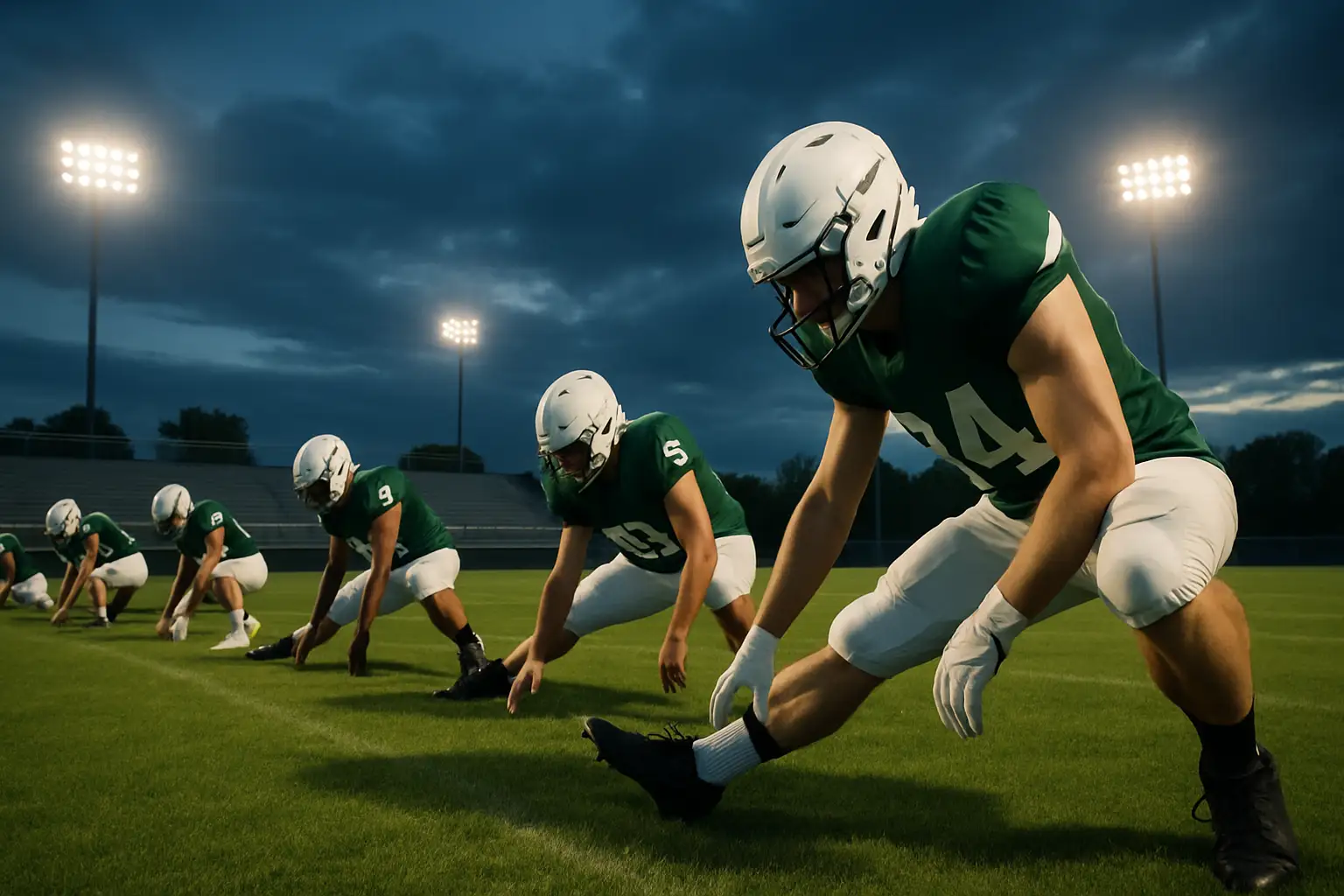 Football players warming up on a prep school field under stadium lights at dusk